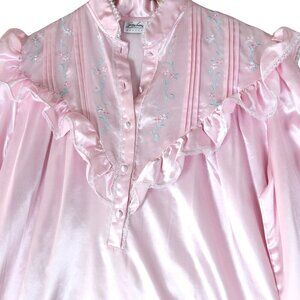 Vintage Jaclyn Smith Pink Satin Nightgown Sz M Long Sleeve Ruffle Lace Milkmaid